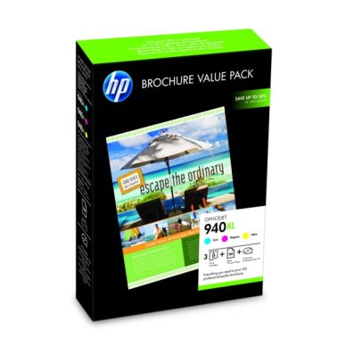 HP Broschyrpaket: Bläckpatroner (C/M/Y) + 100 A4-papper 180 g