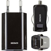 Image of DELTACO Charger kit for car and 240V, USB, black