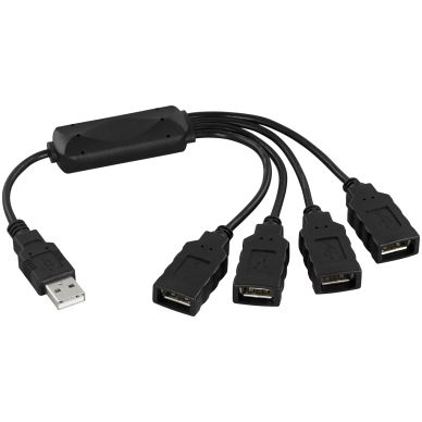 DELTACO DELTACO, USB 2.0 hub, 4xTyp A, bläckfiskkabel, 0,15m, svart