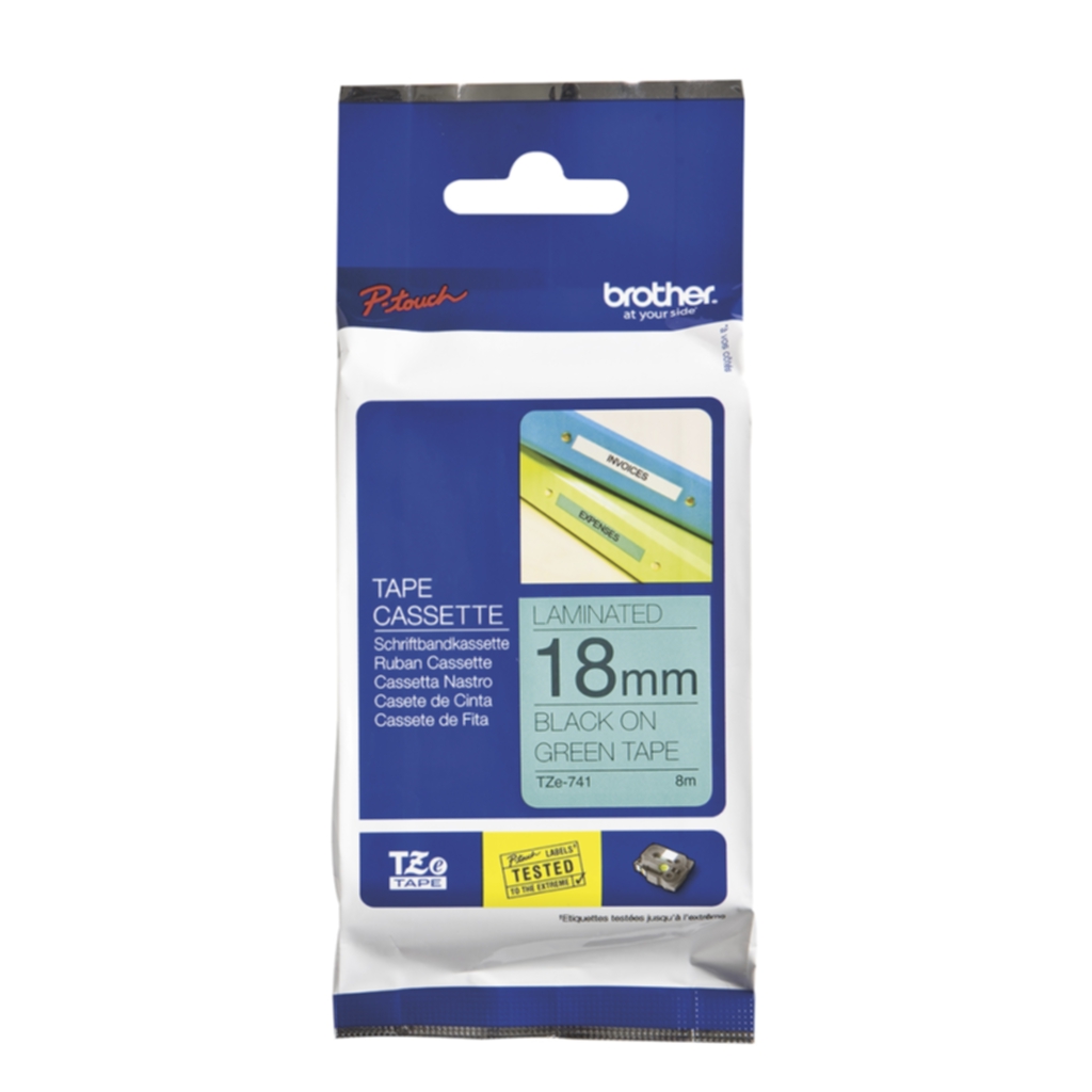Bild av Tape Brother TZE741 18 mm, svart på grön
