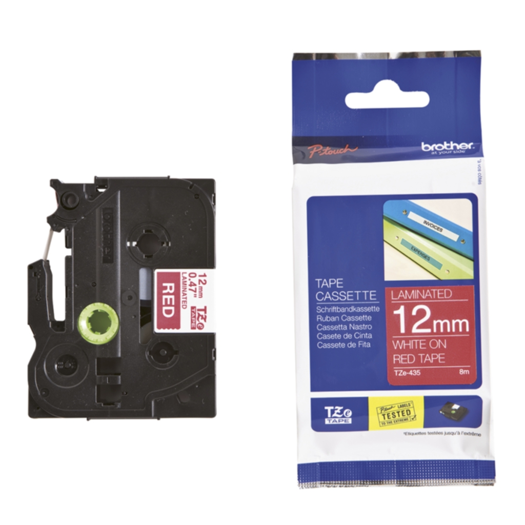 Bild av Tape Brother TZE435 12 mm, vit på röd