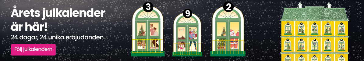 Banner med illustrerad julkalender, snöfall och texten ’Årets julkalender är här!’. Ett gult hus med 24 luckor och en knapp som säger ’Följ julkalendern’ syns.