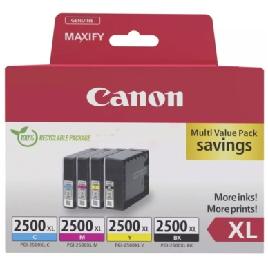 CANON Druckerpatrone PGI-2500XL MultiPack Bk,C,M,Y passend für: Maxify iB 4000 Series;MAXIFY IB 4050;Maxify iB 4100 Series;Maxify iB 4150;Maxify MB 5000 Series;MAXIFY MB 5050;Maxify MB 5100 Series;Maxify MB 5150;Maxify MB 5155;Maxify MB 5300 Series;MAXIFY MB 5350;Maxify MB 5400 Series;Maxify MB 5450;Maxify MB 5455