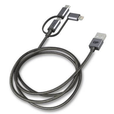 GP BATTERIES GP 3-in-1 USB-kaapeli, USB-C+Micro-USB +Lightning, 1m harmaa