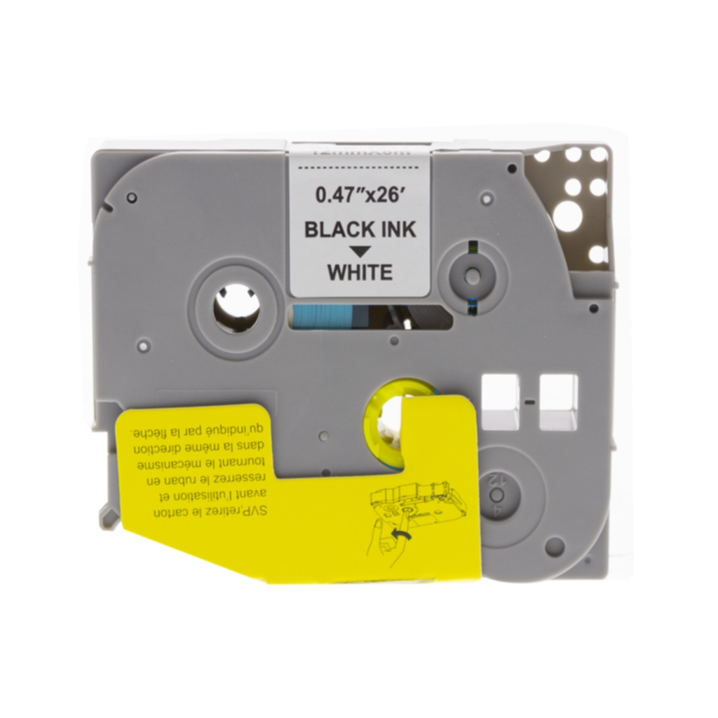 12 mm tape, svart tekst med hvit bunn, laminert, lengde 8m Tapekassett