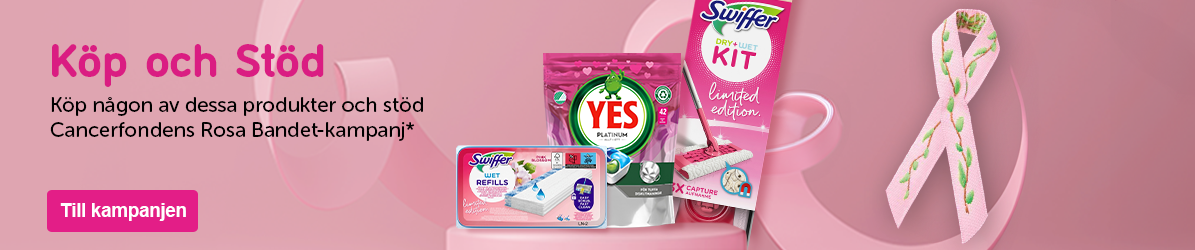 Kom och stöd kampen mot Cancer. Bidrag per såld produkt: 3kr YES maskindisk, Swiffer Pink