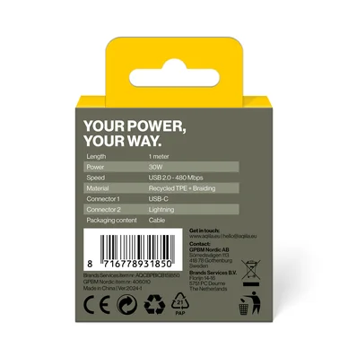 Aqiila Cablebird CB21USB-C till Lighting 30W flätad 1m svart