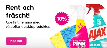 Klickbar banner med texten: Rent och fräscht! Gör fint hemma med väldoftande städprodukter.
