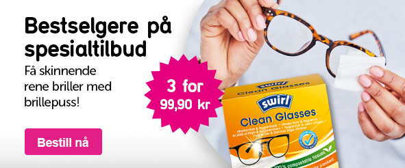 Banner med teksten: Bestselgere på spesialtilbud Få skinnende rene briller med brillepuss!  