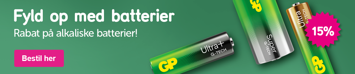 Banner med teksten: Fyld op med batterier Rabat på alkaliske batterier! 