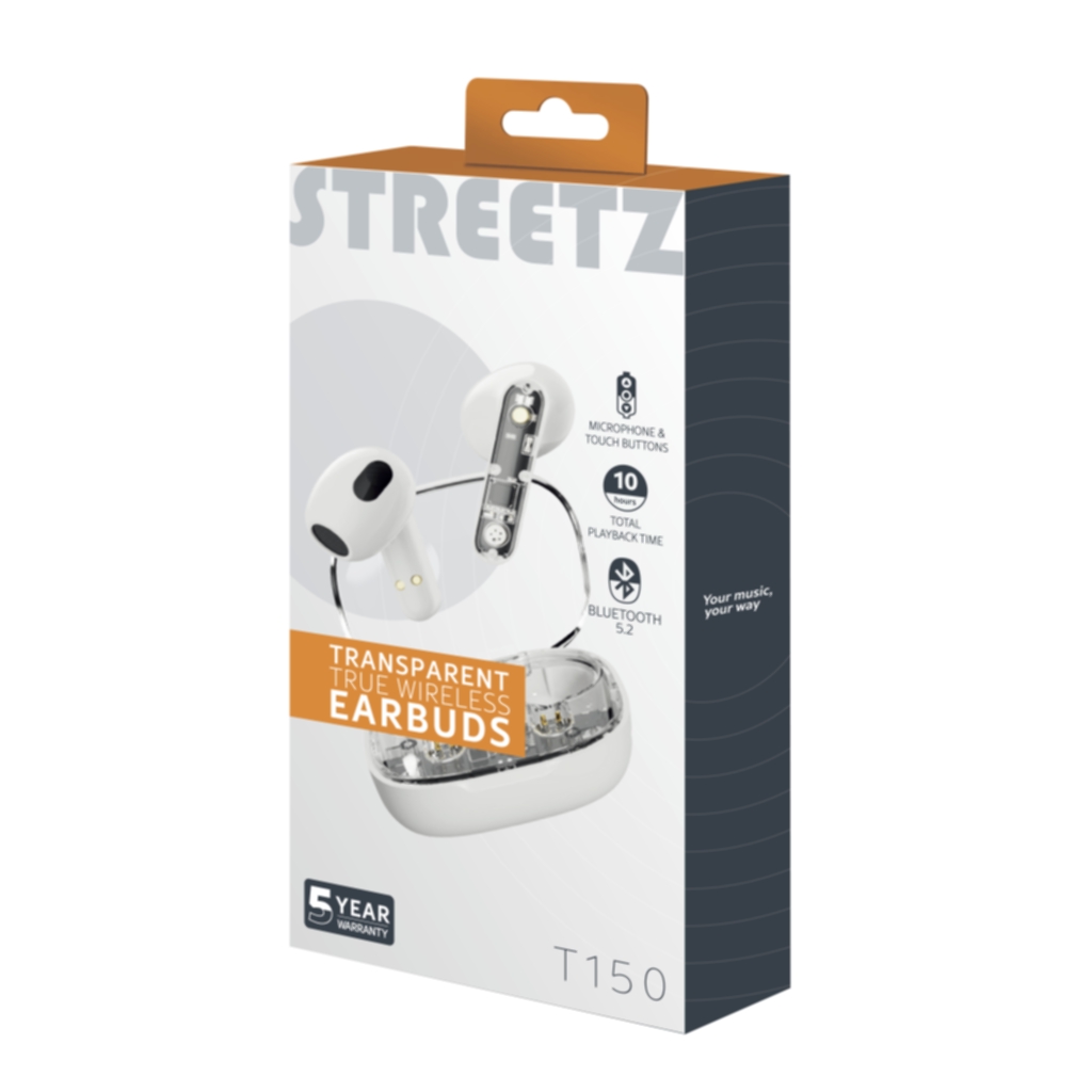 Streetz T150, Delvis transparenta TWS hörlurar, vita