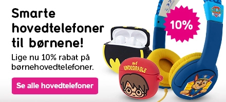 Klikbar banner med teksten: Smarte hovedtelefoner til børnene! Lige nu 10% rabat på børnehovedtelefoner. 