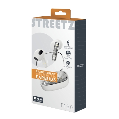Streetz Streetz T150, Gennemsigtige TWS øretelefoner, Hvide T150-WHT Modsvarer: N/A