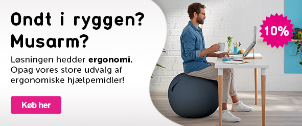 Klikbar banner med teksten: Ondt i ryggen? Musarm? Løsningen hedder ergonomi. Opag vores store udvalg af ergonomiske hjælpemidler! Splash: 10% CTA: Køb her