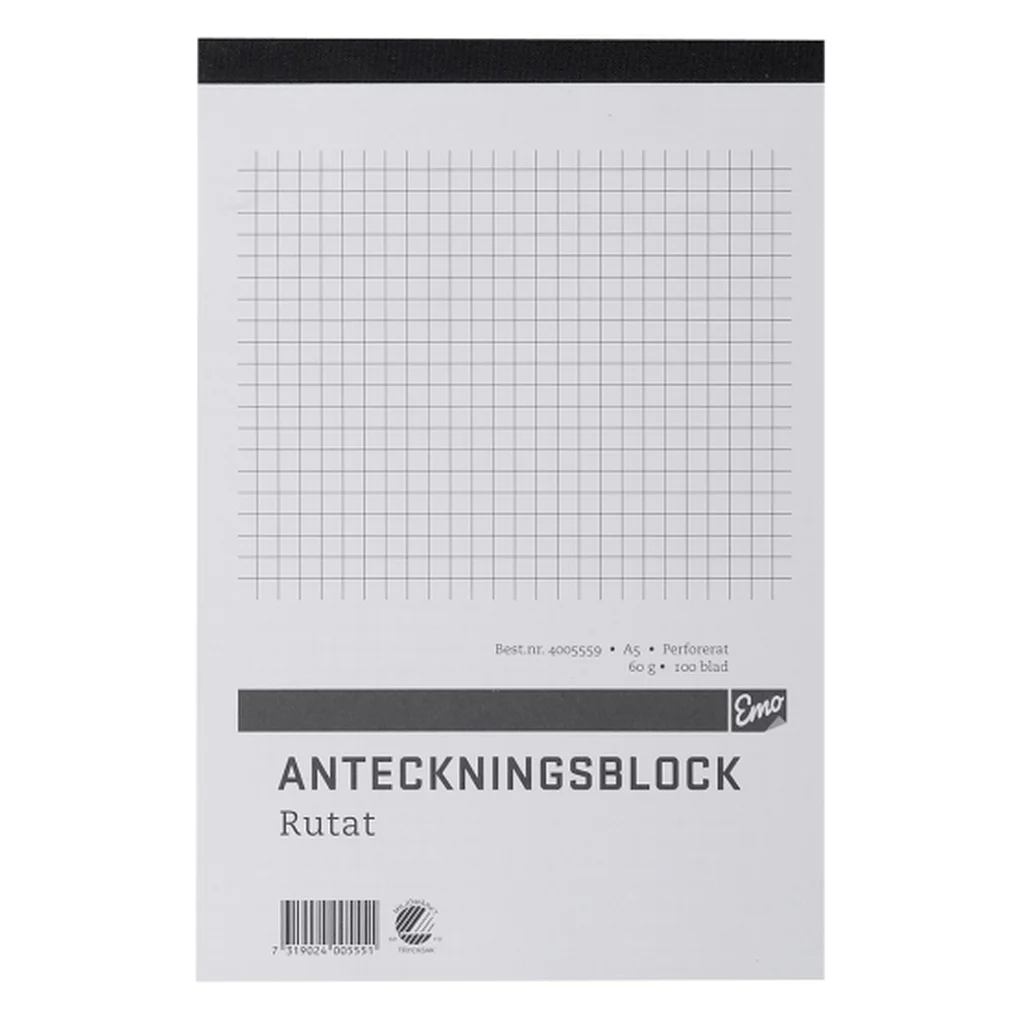 Anteckningsblock A5 rutat, perforerat, 5 st.