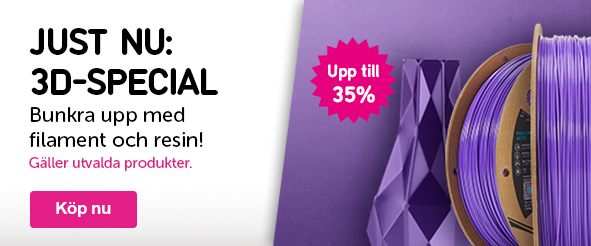 klickbar banner på en kampanj som är följande: Upp till 35% rabatt på utvald filament. Läs mer i villkorstexten. 
