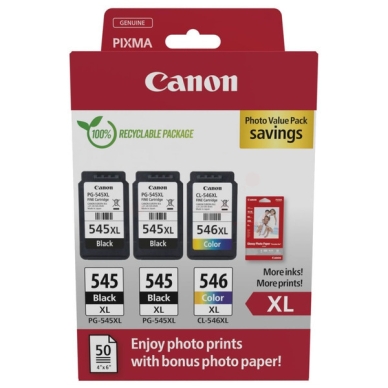 CANON Multipack 2x PG-545XL & CL-546XL + 50blatt fotopapier passend für: Pixma E 3640;Pixma IP 2800 Series;Pixma IP 2820;PIXMA iP2850;Pixma MG 2440;Pixma MG 2455;Pixma MG 2500 Series;Pixma MG 2540;Pixma MG 2550 s;Pixma MG 2550 Series;Pixma MG 2551 S;Pixma MG 2555 S;Pixma MG 2556 S;Pixma MG 2900 Series;Pixma MG 2940;Pixma MG 2950 S;Pixma MG 3000 Series;Pixma MG 3050;Pixma MG 3050 Series;Pixma MG 3051;Pixma MG 3052;Pixma MG 3053;Pixma MG 3250 Series;PIXMA MG2400 series;PIXMA MG2450;PIXMA MG2550;PIXMA MG2555;PIXMA MG2950;Pixma MX 490 Series;Pixma MX 494;Pixma MX 495 white;PIXMA MX495;Pixma TR 4500 Series;Pixma TR 4540;Pixma TR 4541;Pixma TR 4550;Pixma TR 4551;Pixma TR 4600 Series;Pixma TR 4640;Pixma TR 4645;Pixma TR 4650;Pixma TR 4651;Pixma TR 4750;Pixma TS 202;Pixma TS 205;Pixma TS 302;Pixma TS 304;Pixma TS 305;Pixma TS 3100 Series;Pixma TS 3150;Pixma TS 3151;Pixma TS 3152;Pixma TS 3300 Series;Pixma TS 3350;Pixma TS 3350 Series;Pixma TS 3351;Pixma TS 3352;Pixma TS 3355;Pixma TS 3400 Series;Pixma TS 3440;Pixma TS 3450;Pixma TS 3450 Series;Pixma TS 3451;Pixma TS 3452;Pixma TS 3600 Series;Pixma TS 3640;Pixma TS 3640 white;Pixma TS 3700 Series;Pixma TS 3750 i;Pixma TS 3750 Series;Pixma TS 3751 i;Pixma TS 3752 i