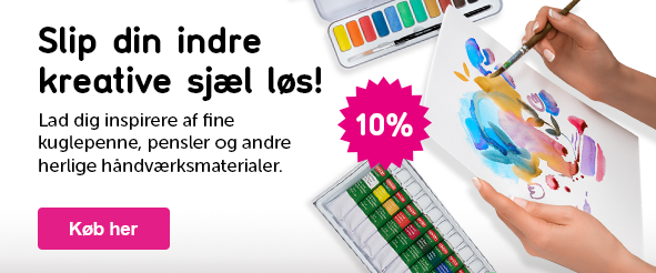 Banner med teksten: Slip din indre kreative sjæl løs! Lad dig inspirere af fine kuglepenne, pensler og andre herlige håndværksmaterialer. 