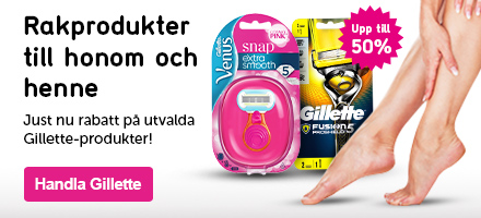 Klickbar banner med texten: Rakprodukter till honom och henne Just nu rabatt på utvalda Gillette-produkter!