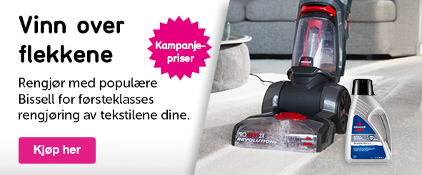 Klikkbar banner med teksten: Vinn over flekkene Rengjør med populære Bissell for førsteklasses rengjøring av tekstilene dine. Splash: Kampanjepriser CTA: Kjøp her