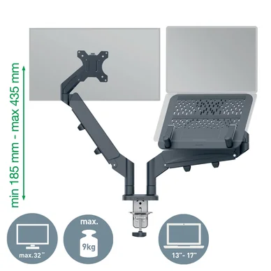 Leitz Ergo Bildskärmsarm dubbel med laptopställ mörkgrå