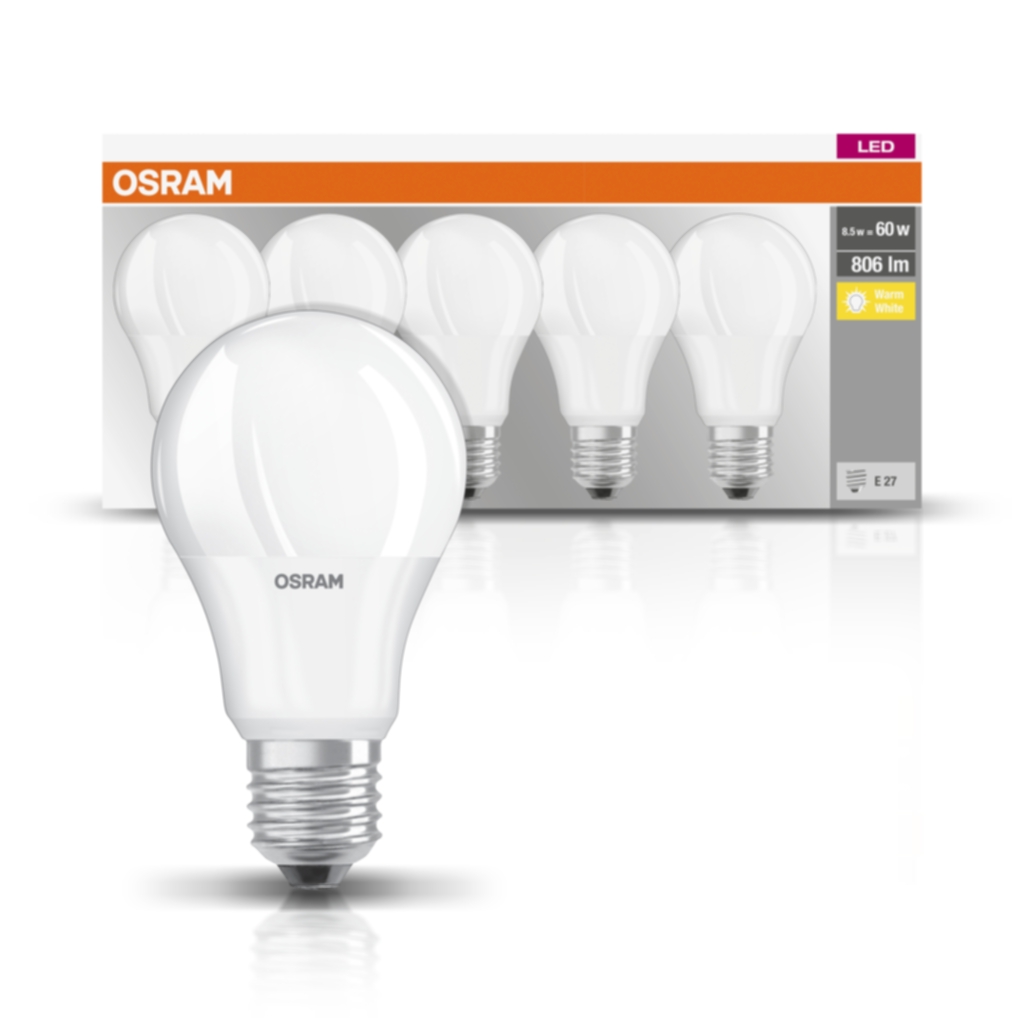 OSRAM LED-pære E27 8,5 W 2700K 806 lumen 5-pakning