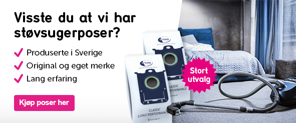 Banner med teksten: Visste du at vi har støvsugerposer? - Produserte i Sverige - Original og eget merke - Lang erfaring 