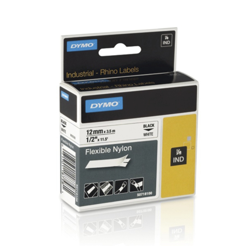 Other Tape Rhino flex nylon 12mm svart på hvit Kontorrekvisita,Merking