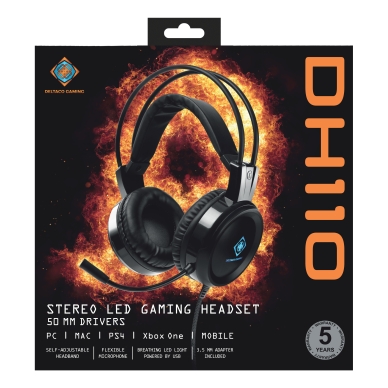 DELTACO alt Deltaco DH110 Gaming Headset 50mm, LED, svart