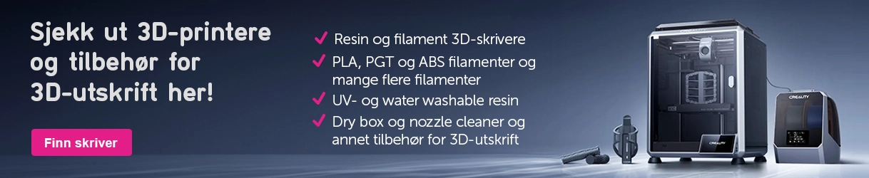 Sjekk ut 3D-printere og tilbehør for 3D-utskrift her! - Resin og filament 3D-skrivere - PLA, PGT og ABS filamenter og mange flere filamenter   - UV- og water washable resin - Dry box og nozzle cleaner og annet tilbehør for 3D-utskrift 