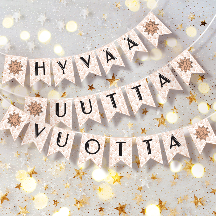 Viiri uudenvuoden teemalla kullankimalteisella taustalla.