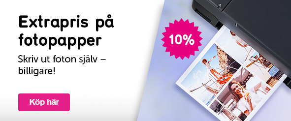 Banner med texten: Extrapris på fotopapper Skriv ut foton själv – billigare! 