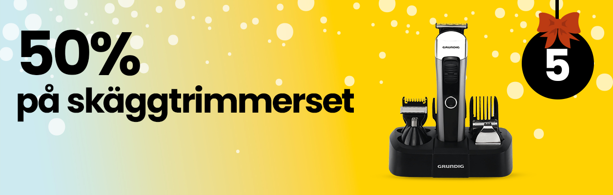 Skäggtrimmerset från Grundig med text om 50 % rabatt.