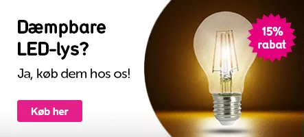 Klikbar banner med teksten: Dæmpbare LED-lys? Ja, køb dem hos os!