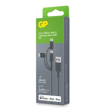 GP 3-in-1 USB-kabel, USB-C + Micro-USB + Lightning, 1m GP 3-in-1 USB-kabel, USB-C + Micro-USB + Lightning, 1m
