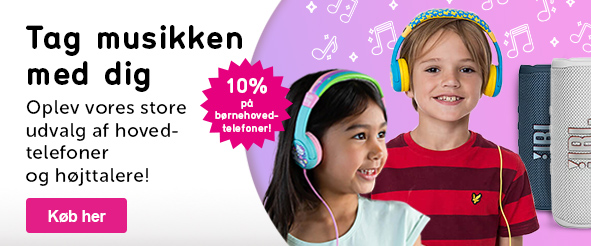 Klikbar banner med teksten:Klikbar banner med teksten: Tag musikken med dig Oplev vores store udvalg af hovedtelefoner og højttalere! Splash: 10% på børnehovedtelefoner! CTA: Køb her