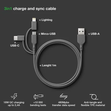GP 3-in-1 USB-kabel, USB-C + Micro-USB + Lightning, 1m GP 3-in-1 USB-kabel, USB-C + Micro-USB + Lightning, 1m