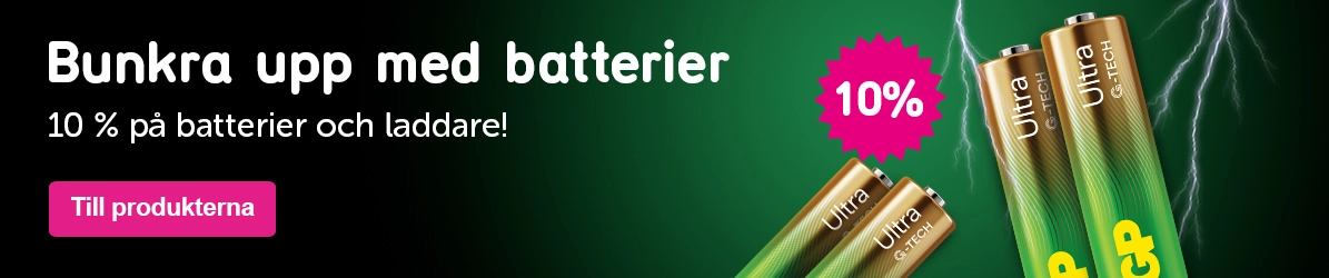 Klickbar banner med texten: Bunkra upp med batterier 10 % på batterier och laddare!