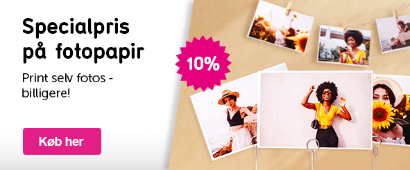 Banner med teksten: Specialpris på fotopapir Print selv fotos - billigere! 