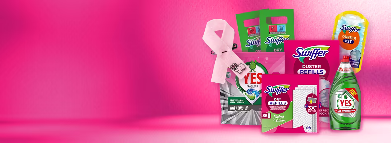 Rosaband-pin på produkterna Yes Platinum diskmaskinstabletter, Swiffer Duster Refills, Swiffer Dry Refills och en flaska Yes diskmedel