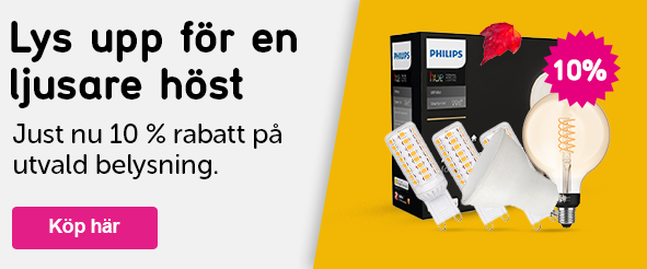 Ej klickbar banner på en kampanj som är följande: 10% rabatt på utvald belysning. Läs mer i villkorstexten. 