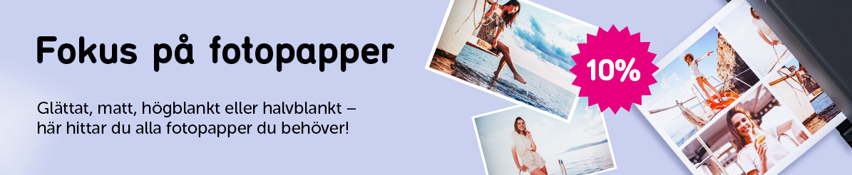 Banner med texten: Fokus på fotopapper Glättat, matt, högblankt eller halvblankt –  här hittar du alla fotopapper du behöver 