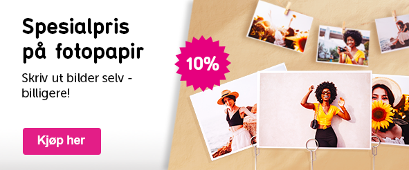 Banner med teksten: Spesialpris på fotopapir Skriv ut bilder selv - billigere! 