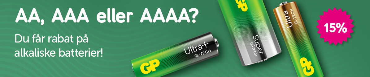 Banner med teksten: AA, AAA eller AAAA? Du får rabat på alkaliske batterier! 