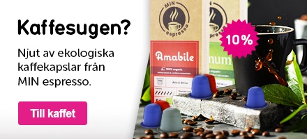 Klickbar banner med texten: Kaffesugen? Njut av ekologiska kaffekapslar från MIN espresso.