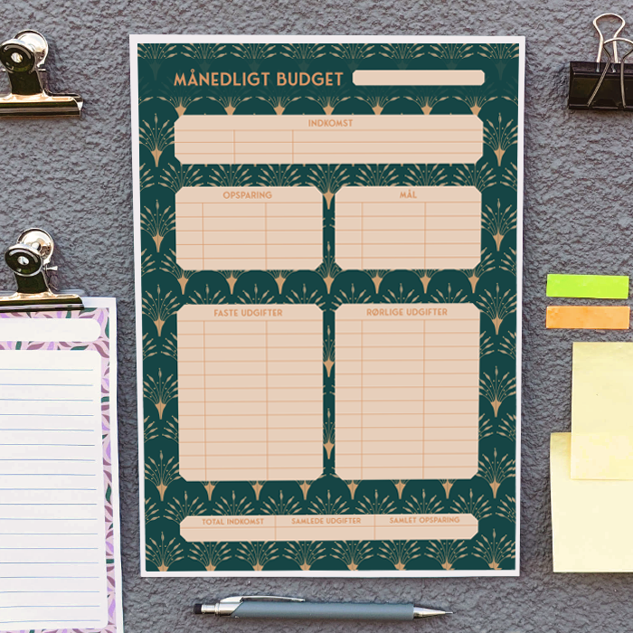 udskrift af en skabelon til månedsbudget med art-deco design.