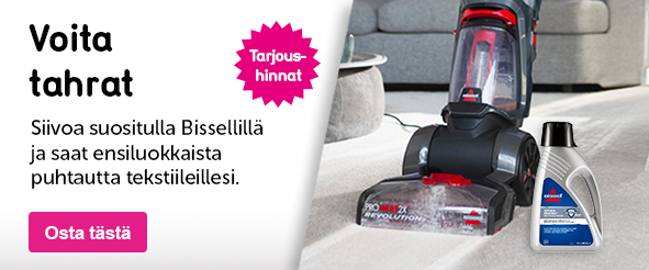 Klikattava banneri, jossa on teksti: Voita tahrat Siivoa suositulla Bissellillä ja saat ensiluokkaista puhtautta tekstiileillesi. Splash: Tarjoushinnat CTA: Osta tästä