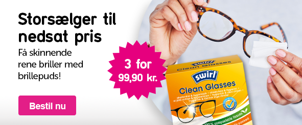 Banner med teksten: Storsælger til nedsat pris Få skinnende rene briller med brillepuds! 