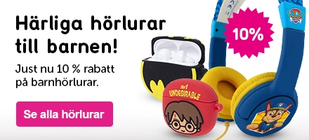 Klickbar banner med texten: Härliga hörlurar till barnen! Just nu 10 % rabatt på barnhörlurar.