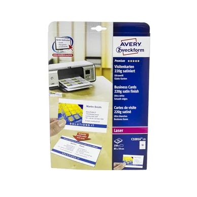 Avery Visitkort hvide, 25 ark, 10 visitkort/ark, 85x54mm, 220g C32016-25 Modsvarer: N/A
